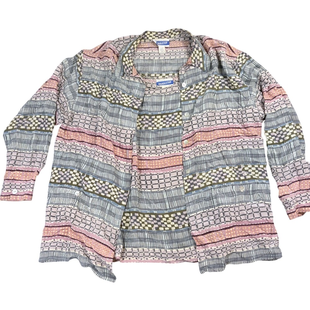 90s VNTG Pendleton 100% Silk 2 Piece Set Shirt Tank Striped Pink Purple L 16